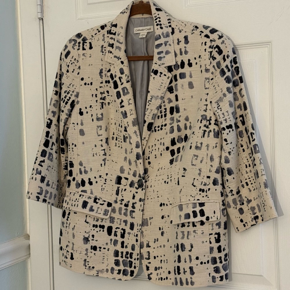 Coldwater Creek Printed Blazer Size 12 Beige Black Lightweight Career Jacket - Picture 2 of 10